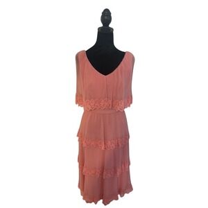 MISS Ellliette Pink Pleated Lace Tiered Ruffle V-Neck Maxi Dress |Gown 10 VTG‎